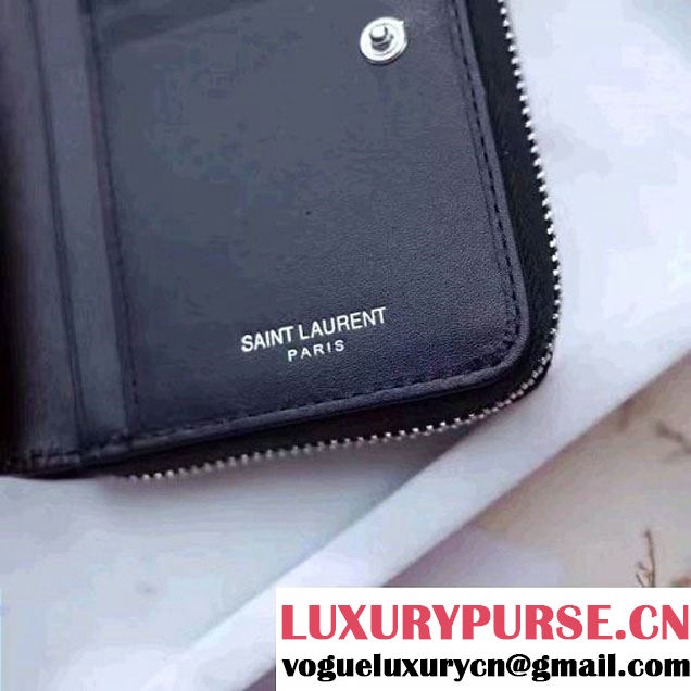 Saint Laurent Compact Zip Around Wallet In Black Smooth Calfskin With Star 403723 2017 (1A130-7011218 )