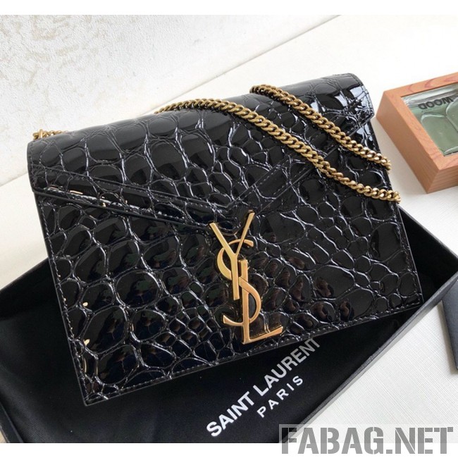 Saint Laurent Cassandra Bag with Monogram Slider in Tortoise Embossed Patent Leather 532750 Black 2019 (KTS-9021840 )