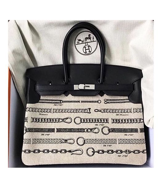 Hermes Birkin 35cm Bag Belt Print Canvas With Black Swift Leather Silver Metal