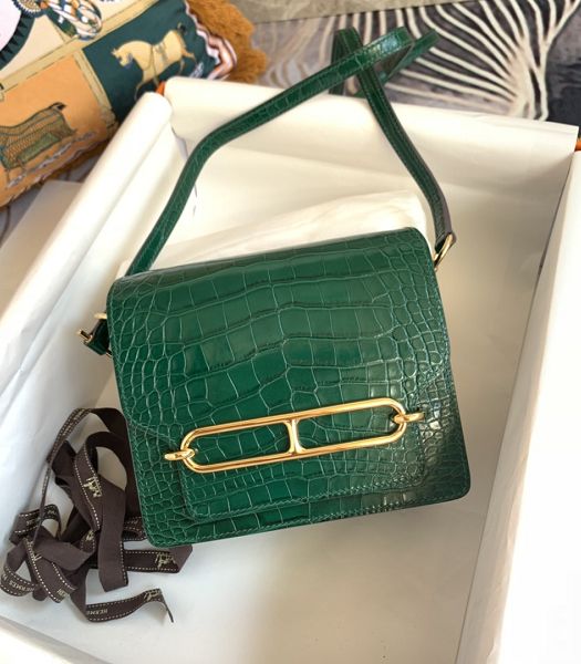 Hermes Roulis Mini 19cm Bag Green Croc Pattern Leather Golden Metal