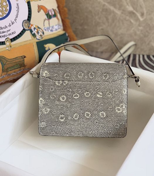 Hermes Roulis Mini 19cm Bag White Croc Veins With Grey Lizard Leather Silver Metal