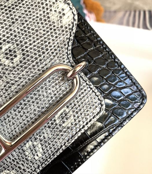 Hermes Roulis Mini 19cm Bag Black Croc Veins With Grey Lizard Leather Silver Metal