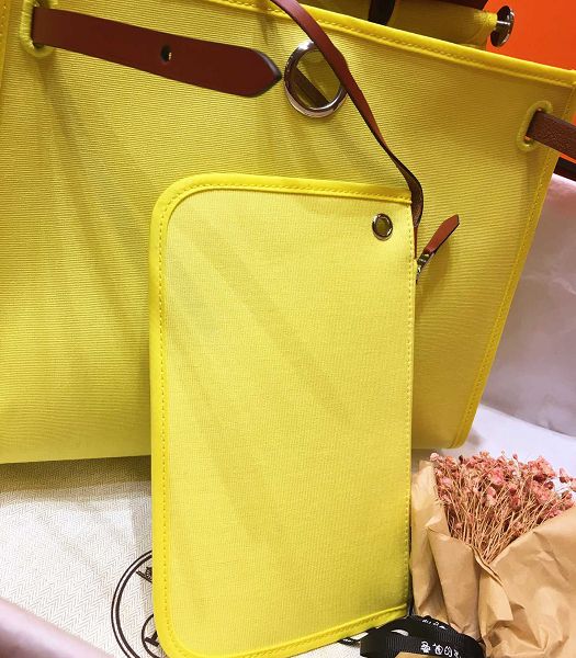 Hermes Herbag Lemon Yellow Canvas With Red Brown Imported Leather 31 Zip Tote Handbag