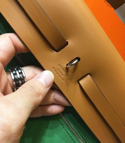 Hermes Herbag Green Canvas With Coffee Imported Leather 31 Zip Tote Handbag