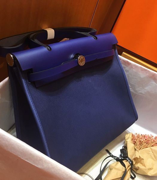 Hermes Herbag Dark Blue Canvas With Electric Blue Imported Leather 31 Zip Tote Handbag