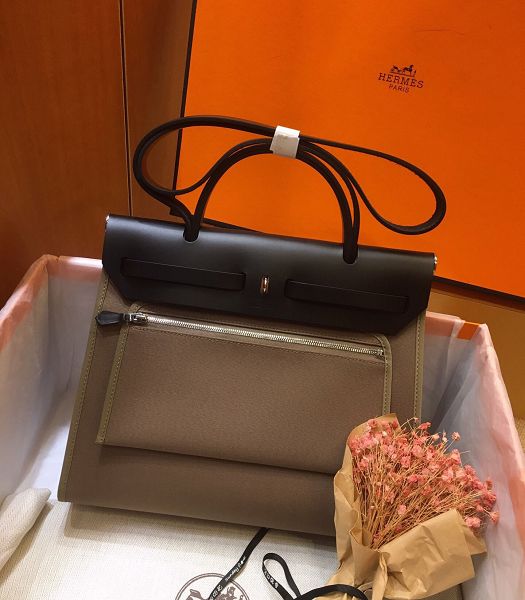 Hermes Herbag Elephant Grey Canvas With Black Imported Leather 31 Zip Tote Handbag