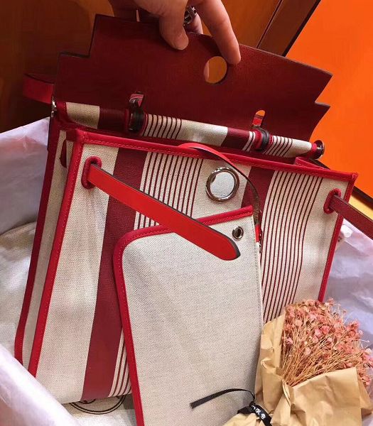 Hermes Herbag Line Print Red Linen With Imported Leather 31 Zip Tote Handbag