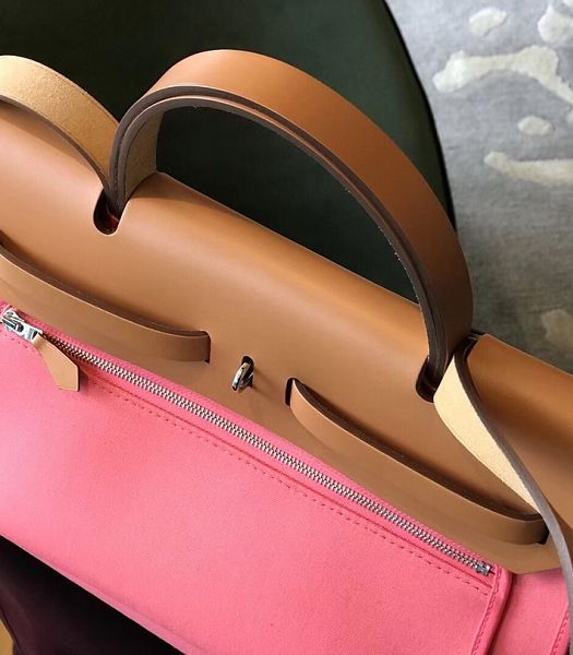 Hermes Herbag Pink Canvas With Light Brown Imported Leather 31 Zip Tote Handbag