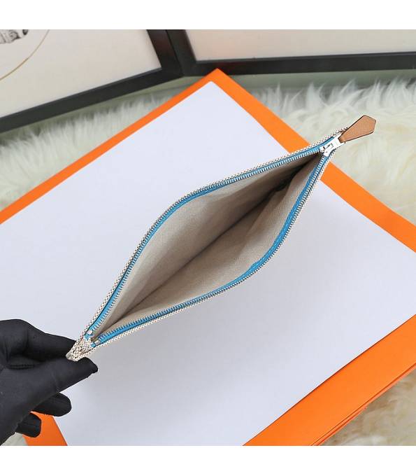 Hermes Blue Logo Print Grey Original Canvas Zippy Clutch