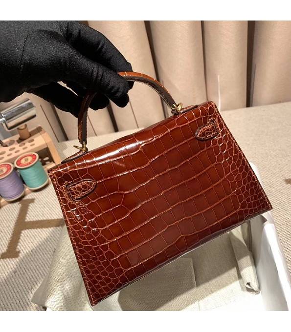 Hermes Kelly 19cm Bag Brown Red Real Croc Leather Golden Metal