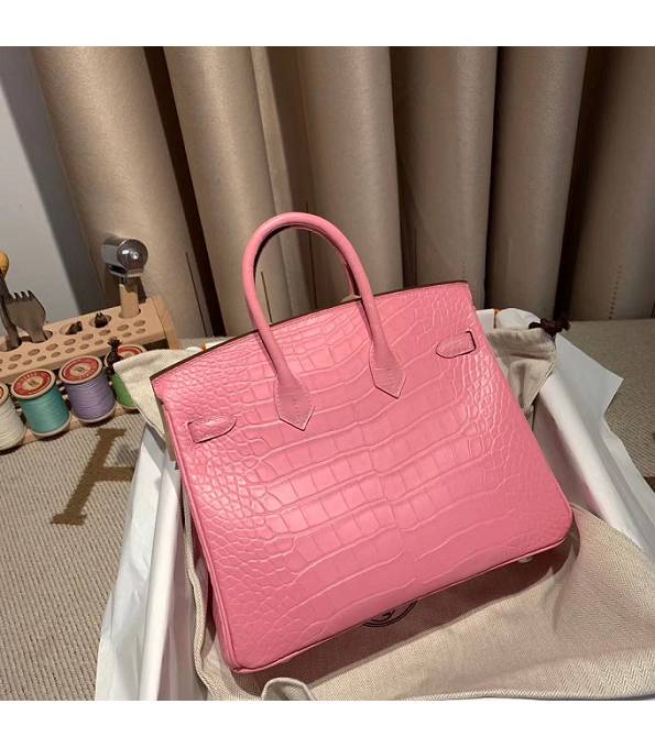 Hermes Birkin 25cm Bag Cherry Pink Real Croc Leather Silver Metal