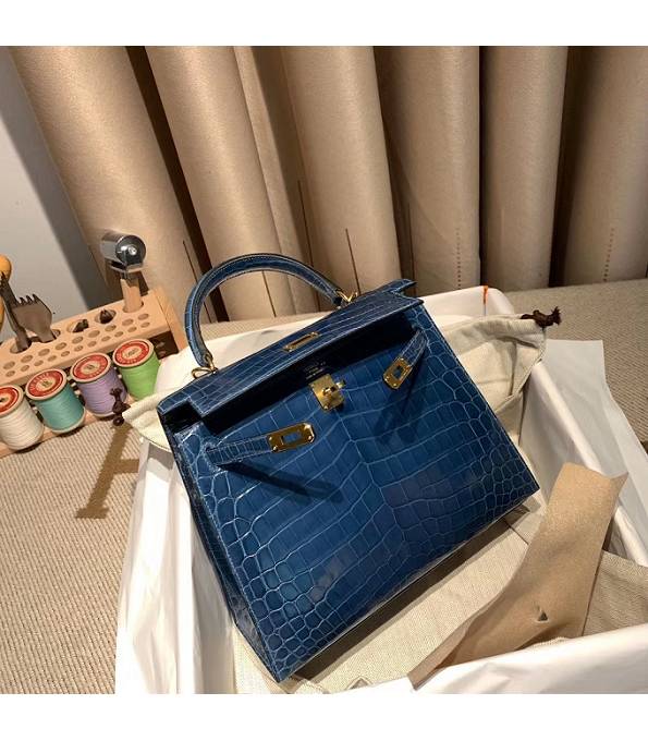 Hermes Birkin 25cm Bag Colvert Blue Real Croc Leather Golden Metal