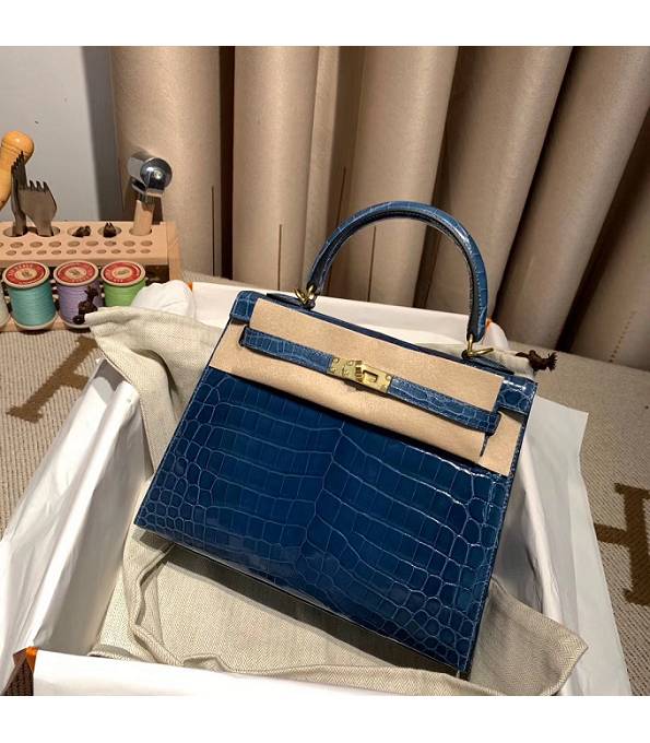 Hermes Birkin 25cm Bag Colvert Blue Real Croc Leather Golden Metal