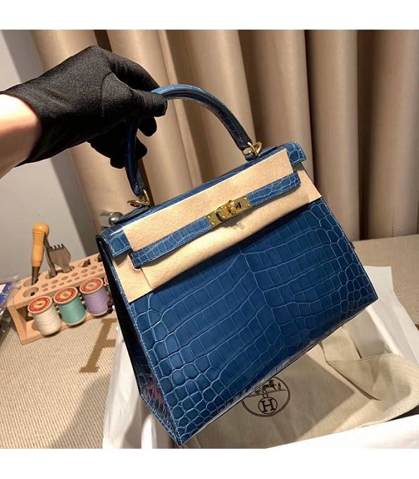 Hermes Birkin 25cm Bag Colvert Blue Real Croc Leather Golden Metal