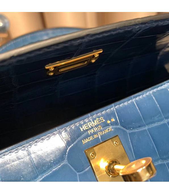 Hermes Birkin 25cm Bag Colvert Blue Real Croc Leather Golden Metal