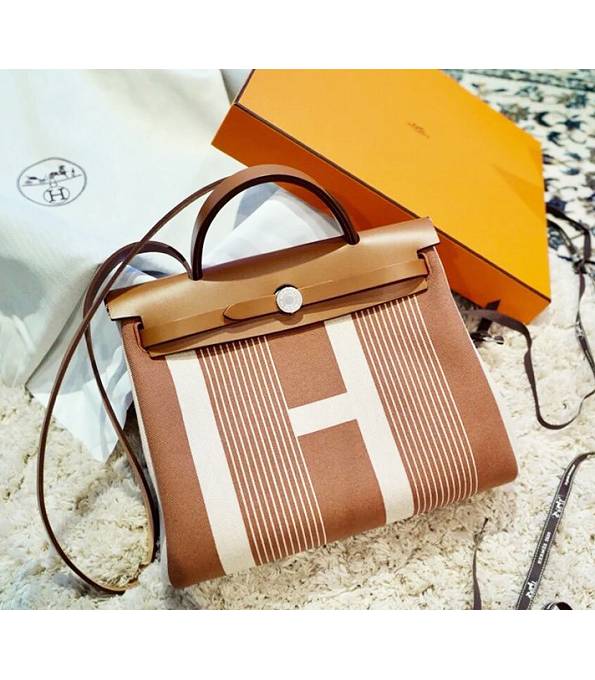 Hermes Herbag Line Print Light Coffee Canvas With Original Leather 31 Zip Tote Handbag