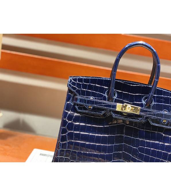Hermes Birkin 25cm Bag Dark Blue Real Croc Leather Golden Metal