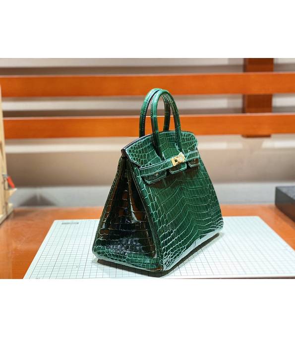 Hermes Birkin 25cm Bag Dark Green Real Croc Leather Golden Metal