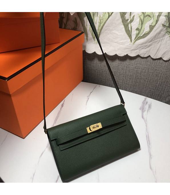 Hermes Kelly Woc Classique Army Green Original Palm Veins Leather Golden Metal To Go Wallet