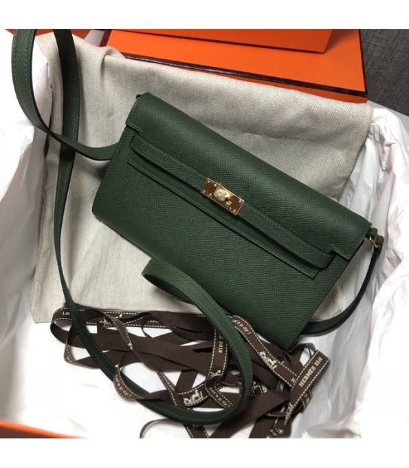 Hermes Kelly Woc Classique Army Green Original Palm Veins Leather Golden Metal To Go Wallet