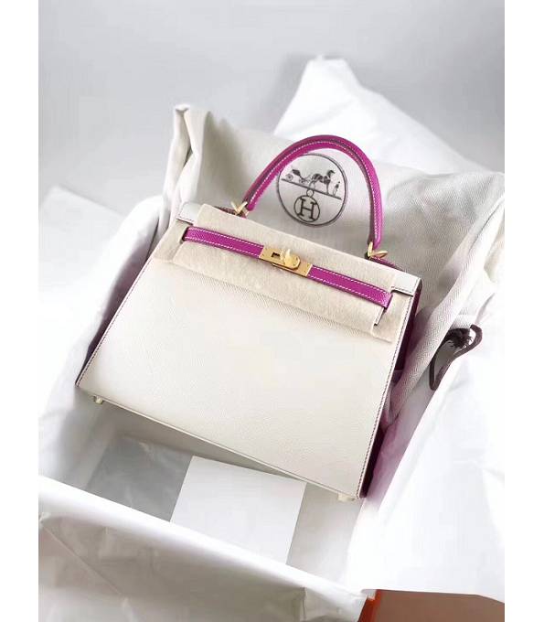 Hermes Kelly 28cm Bag White/Fuchsia Original Epsom Leather Golden Metal