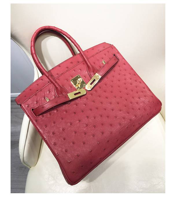 Hermes Birkin 30cm Bag Red Real Ostrich Leather Golden Metal