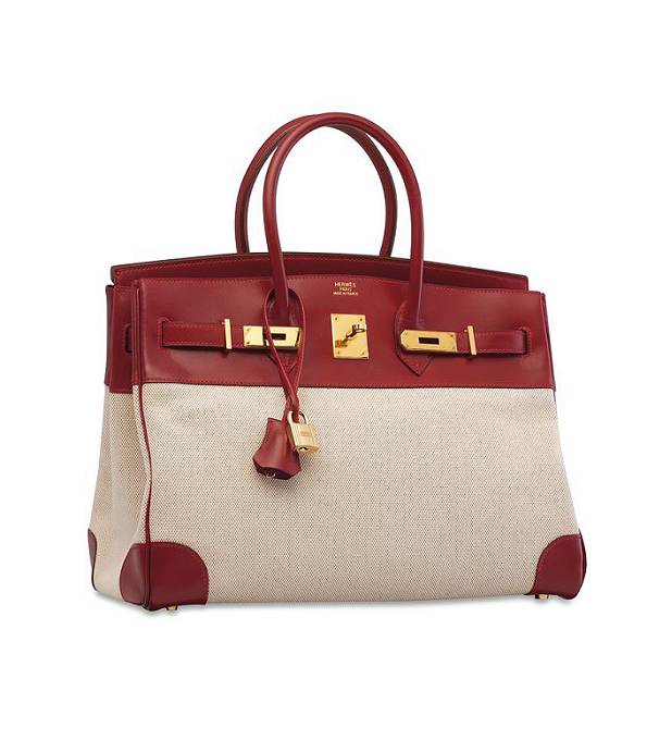 Hermes Birkin 30cm Bag Canvas With Jujube Original Swift Leather Golden Metal