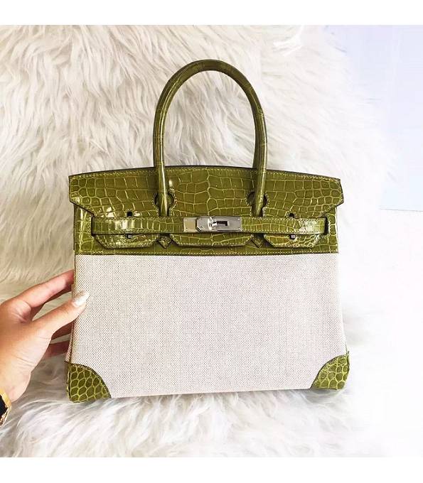 Hermes Birkin 30cm Bag Canvas With Apple Original Green Croc Veins Leather Silver Metal