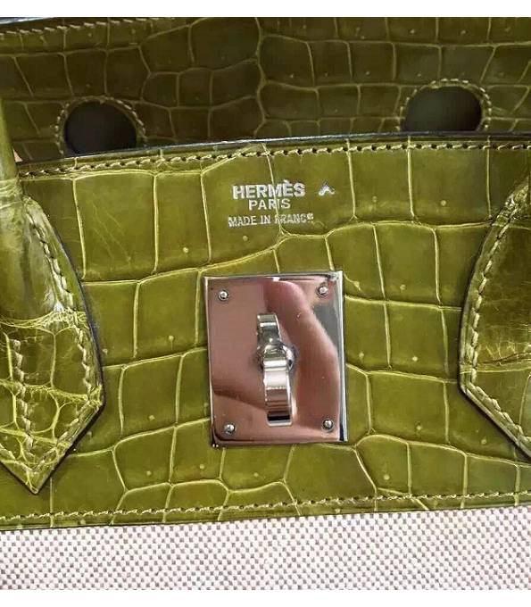 Hermes Birkin 30cm Bag Canvas With Apple Original Green Croc Veins Leather Silver Metal