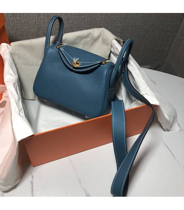 Hermes Mini Lindy 18cm Bag Denim Blue Original Swift Leather Golden Metal