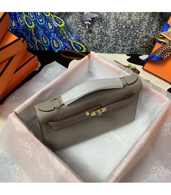 Hermes Kelly Pochette 22cm Bag Grey Original Epsom Palm Leather Golden Metal