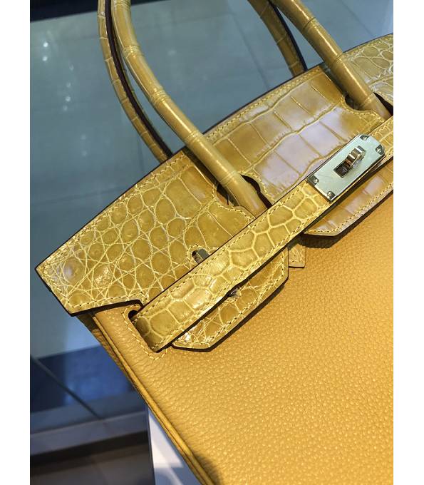 Hermes Birkin 30cm Bag Amber Yellow Original Togo With Real Croc Leather Silver Metal