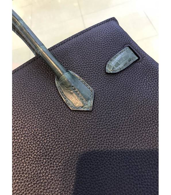 Hermes Birkin 30cm Bag Black Original Togo With Dark Green Croc Leather Silver Metal
