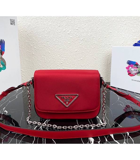Prada Red Nylon With Original Calfskin Leather Silver Chain Crossbody Bag