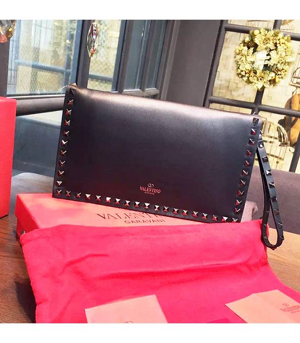 Valentino Black Original Plain Veins Leather Black Rivet 28cm Clutch