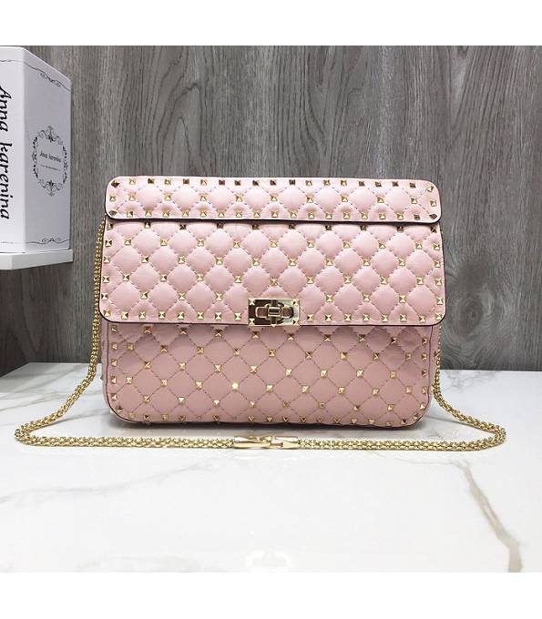 Valentino Garavani Rockstud Spike Pink Original Soft Lambskin 30cm Top Handle Chain Bag Golden Rivet