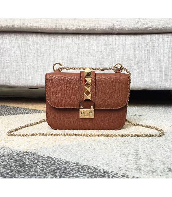 Valentino Rockstud Brown Original Litchi Veins Leather 21cm Shoulder Bag