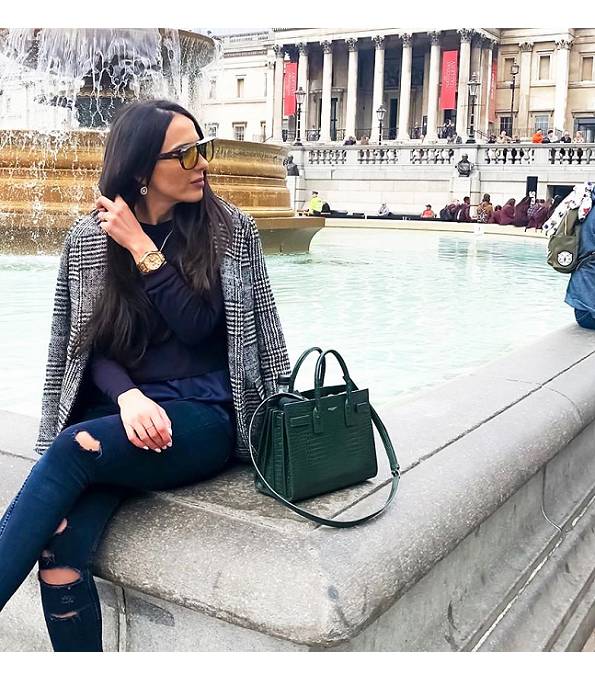 YSL Baby Sac De Jour Dark Green Original Croc Veins Leather 22cm Souple Duffle Tote Shoulder Bag