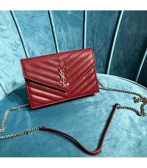 YSL Red Original Caviar Veins Leather 19cm Envelope Silver Chain Wallet