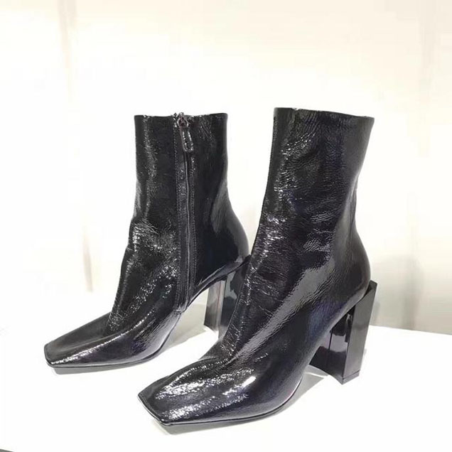 Balenciaga Square Toe Block Heel Bootie Patent Calfskin Leather Fall Winter 2017 Collection Black
