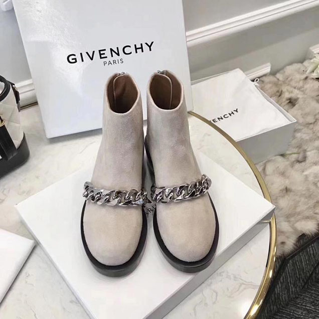 Givenchy Ankle Boots with Silver Metal Chain Suede Calfskin Leather Fall Winter 2017 Collection Nude