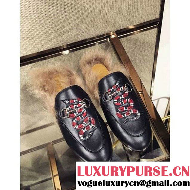 Gucci Calfskin Princetown Snake Embroidered Slipper With Fur Black 2016 (GD3014-6073051 )