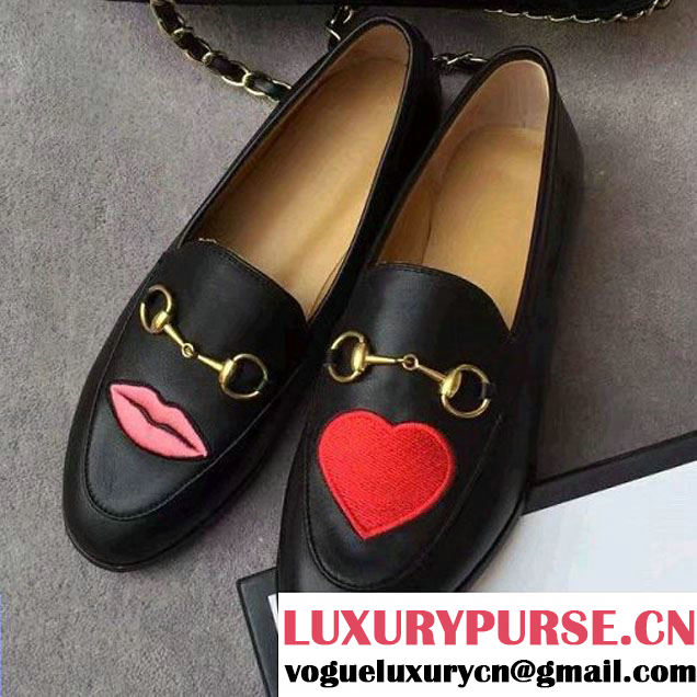 Gucci Embroidered Lip/Heart Black Leather Loafer 404069 2017 (SML-7021634 )