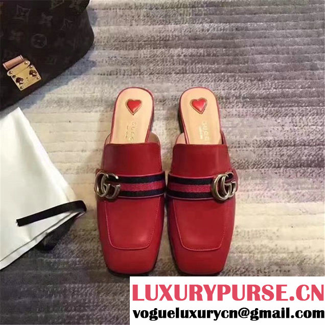 Gucci GG Peyton Flat Mules Loafers Calfskin Leather Fall Winter 2017 Collection Red