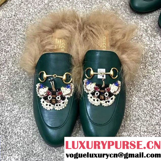 Gucci Butterfly Embroidery Leather Princetown Loafer With Fur Green 2017 (GD5002-7113007 )