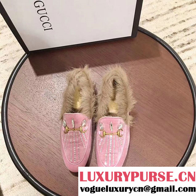Gucci Jordaan Crystal Embellished Wool Mink Fur Loafers 496626 Calfskin Leather Spring Summer 2018 Collection Pink