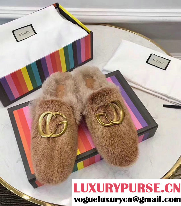 Gucci GG Princetown Mink Fur Mules Slipper 448657 Calfskin Leather Spring Summer 2018 Collection Tan