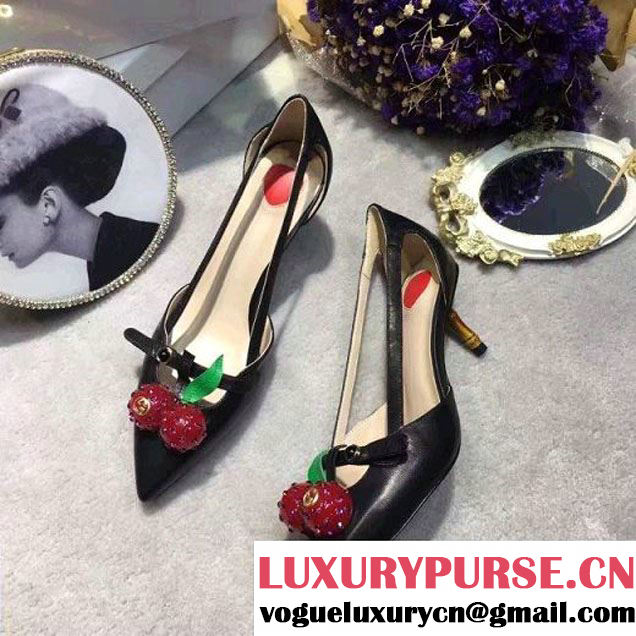 Gucci 452766 Leather Cherry Pump Black 2017 (WJIAO-7022154 )