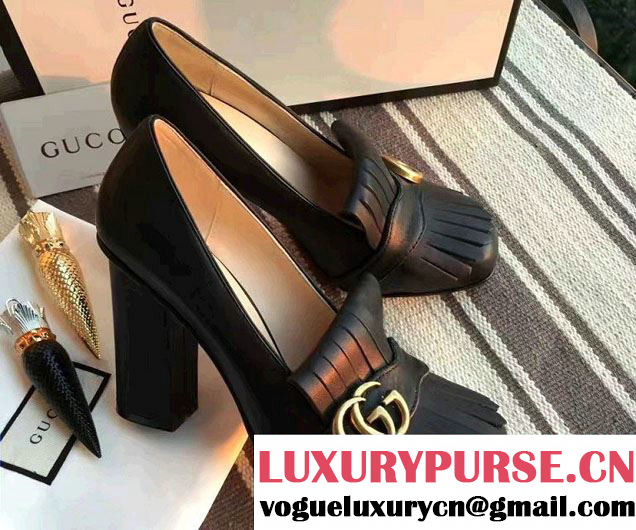 Gucci Double G Foldover Fringe 10cm High-Heel Pumps 408206 Black 2017