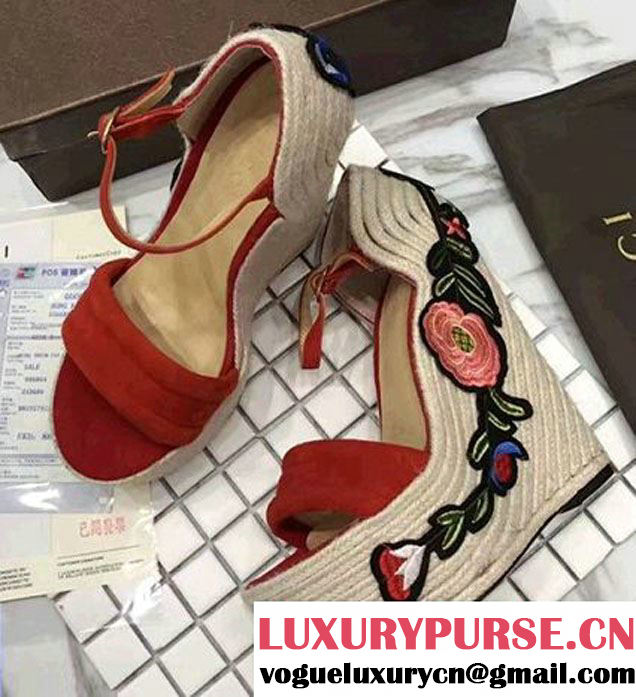 Gucci Heel 14cm Embroidered Suede Platform Espadrille 454303 Red 2017